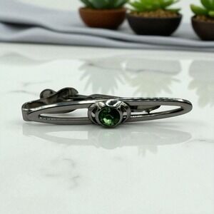 Swank Tie Clip Bar Green Rhinestone Silver Tone Vintage Open‎ Work Design Retro